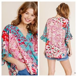 Umgee Floral Animal Print Crossbody Top NWT Large